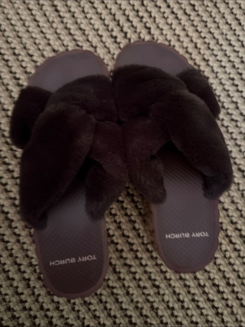 Tory Burch Plush Fur Crossover Slide Sandals in Dark Brown